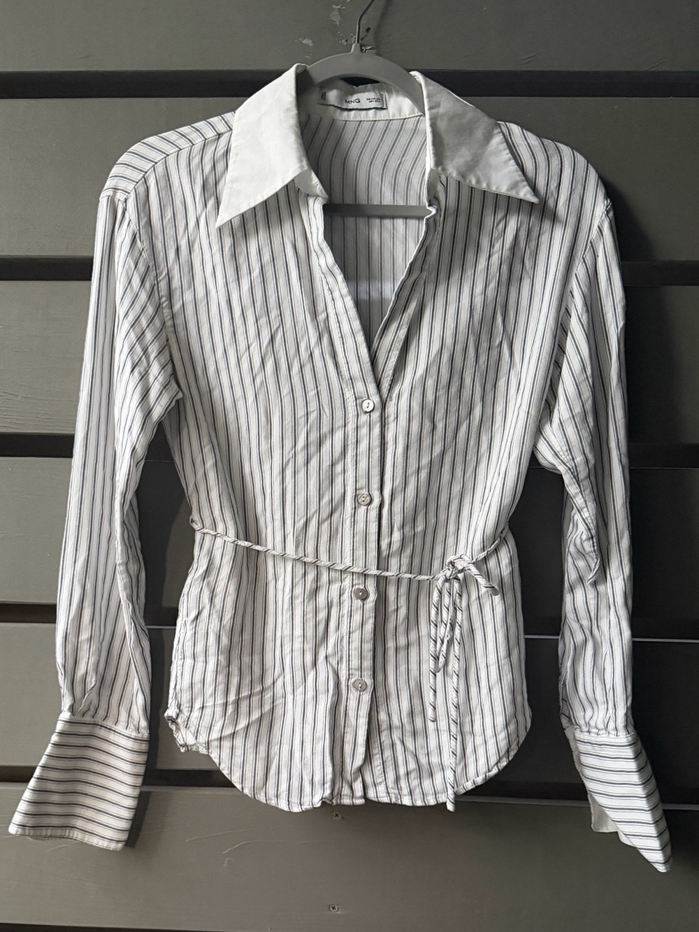 Striped White Button-Up Shirt with Waist Tie
